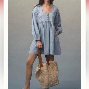 Anthropologie Long-Sleeve Square-Neck Denim Babydoll Mini Dress M